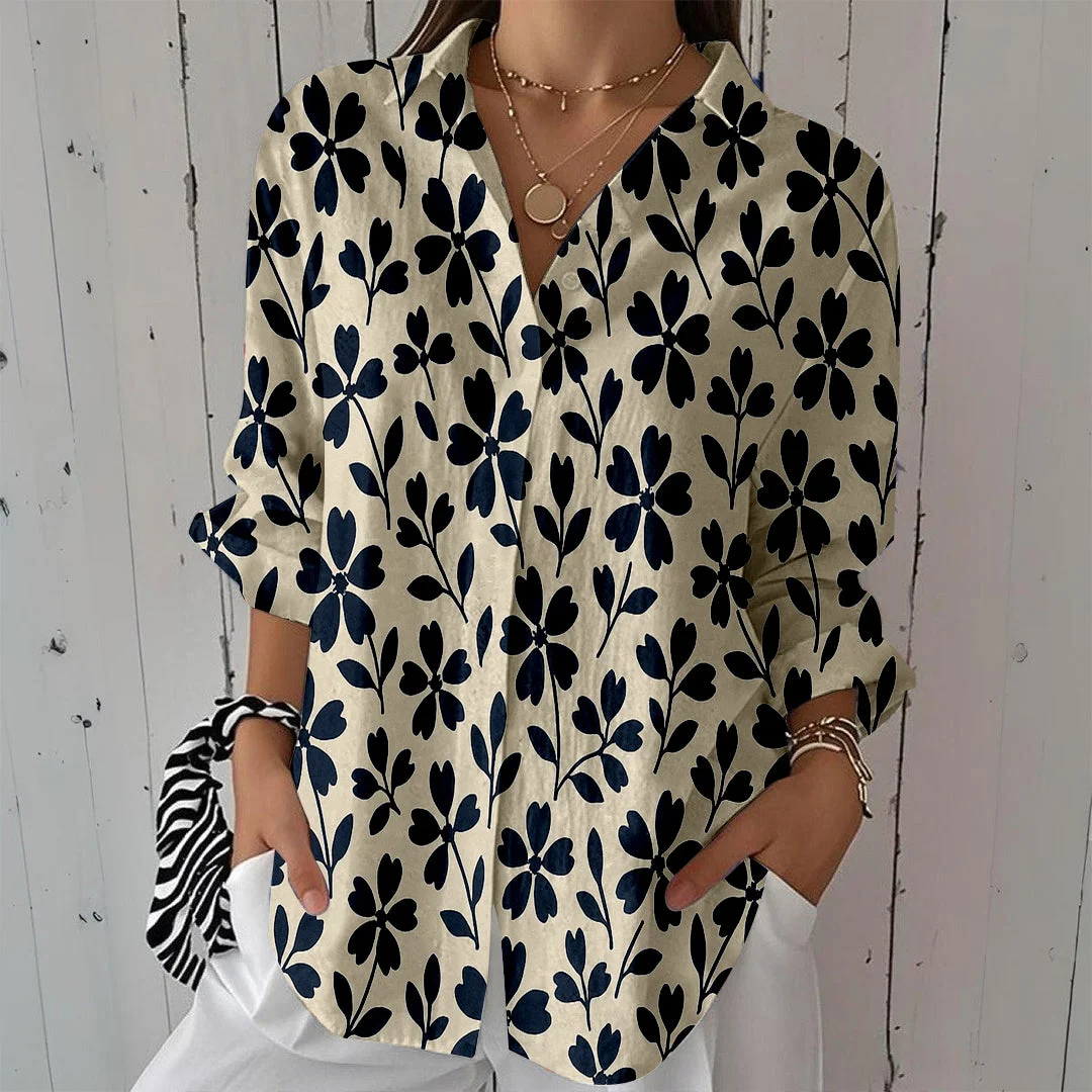 Style & Comfort for Mature Women Women Leaves, Green DZCL0340 3/4 Sleeve Shirt Collar Printed Button Tops