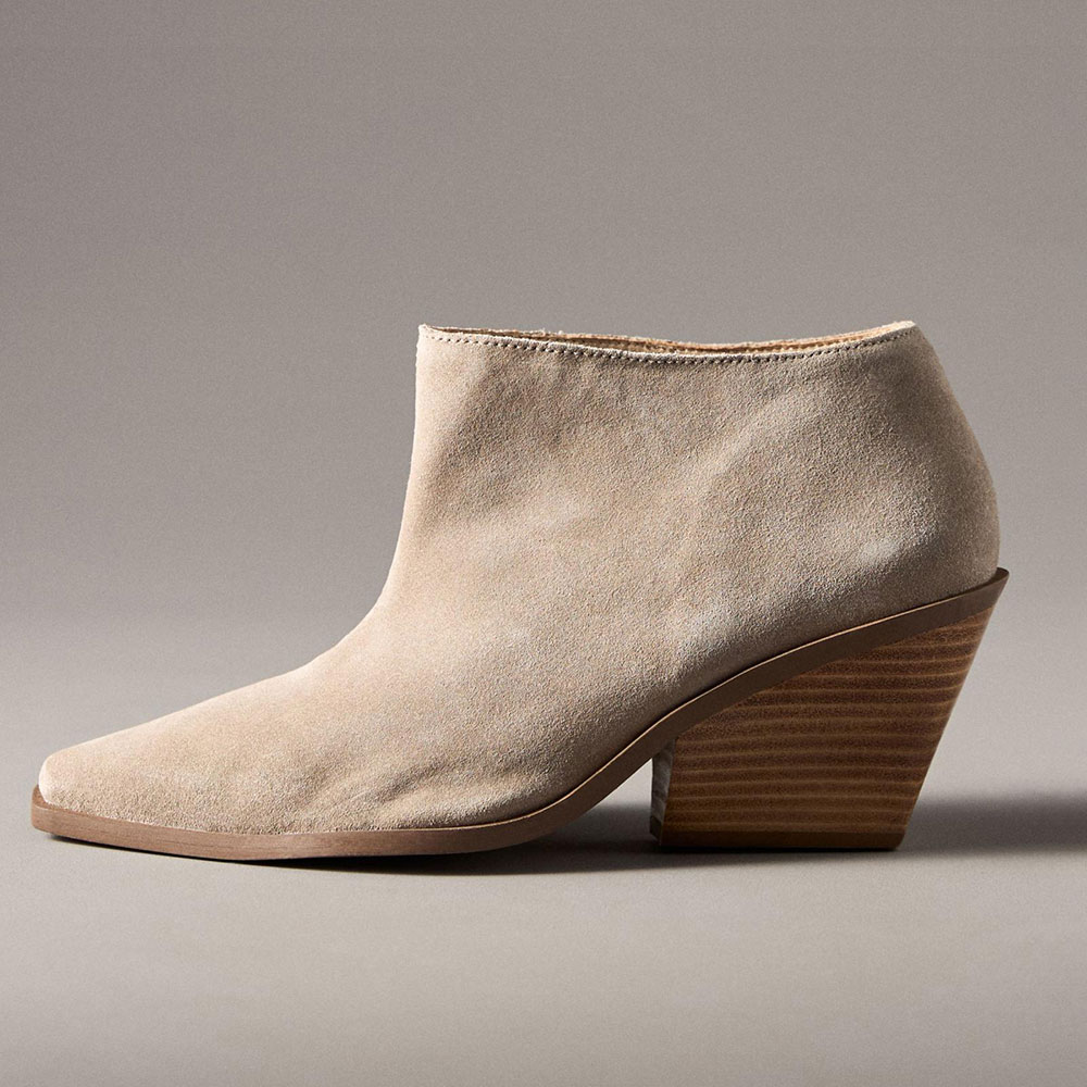 Beige Vegan Suede Pointed Toe Pull-On Chunky Heeled Ankle Boots Nicepairs