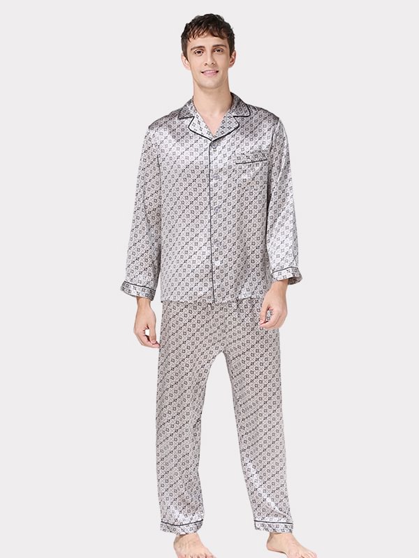 Silver Grey Printed Men's Silk Pajama Set