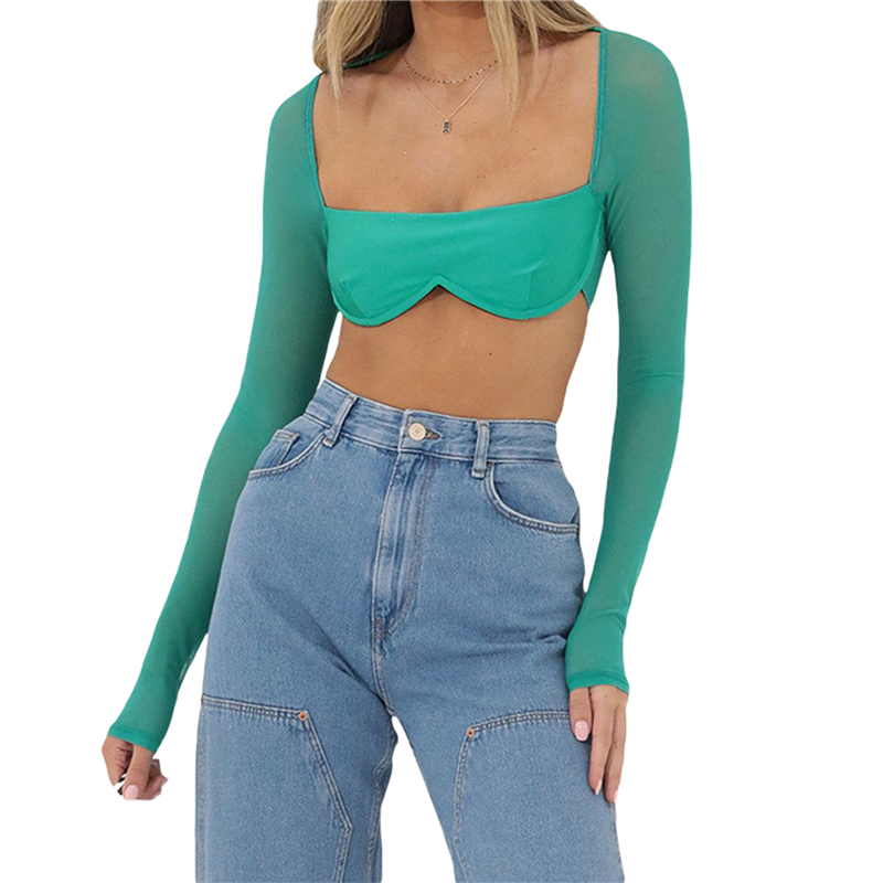 Sexy Solid Color Corset Top Y2k Women Long Sleeve Mesh Patchworkshirt Aesthetic Harajuku