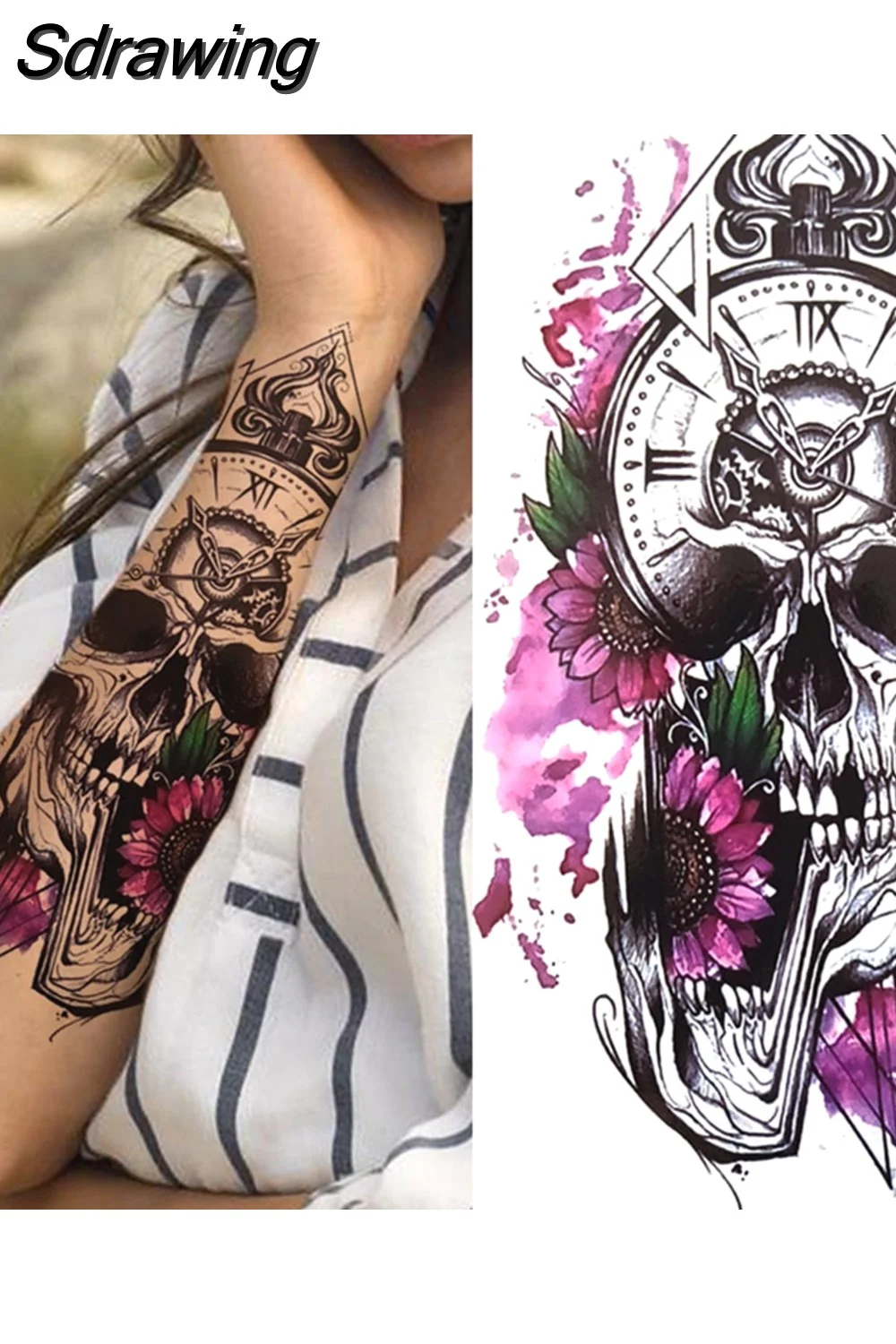Sdrawing Forest Tattoo Sticker For Men Women Children Tiger Wolf Death Skull Temporary Tattoo Fake Henna Skeleton King Animal Tatoo 430-0