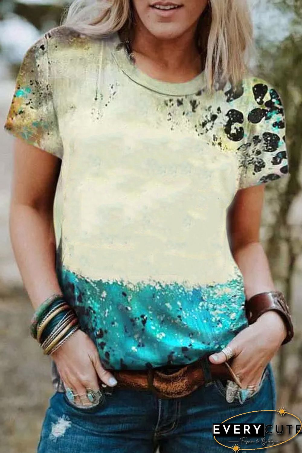 Sky Blue Leopard Tie-dye Bleached T-shirt