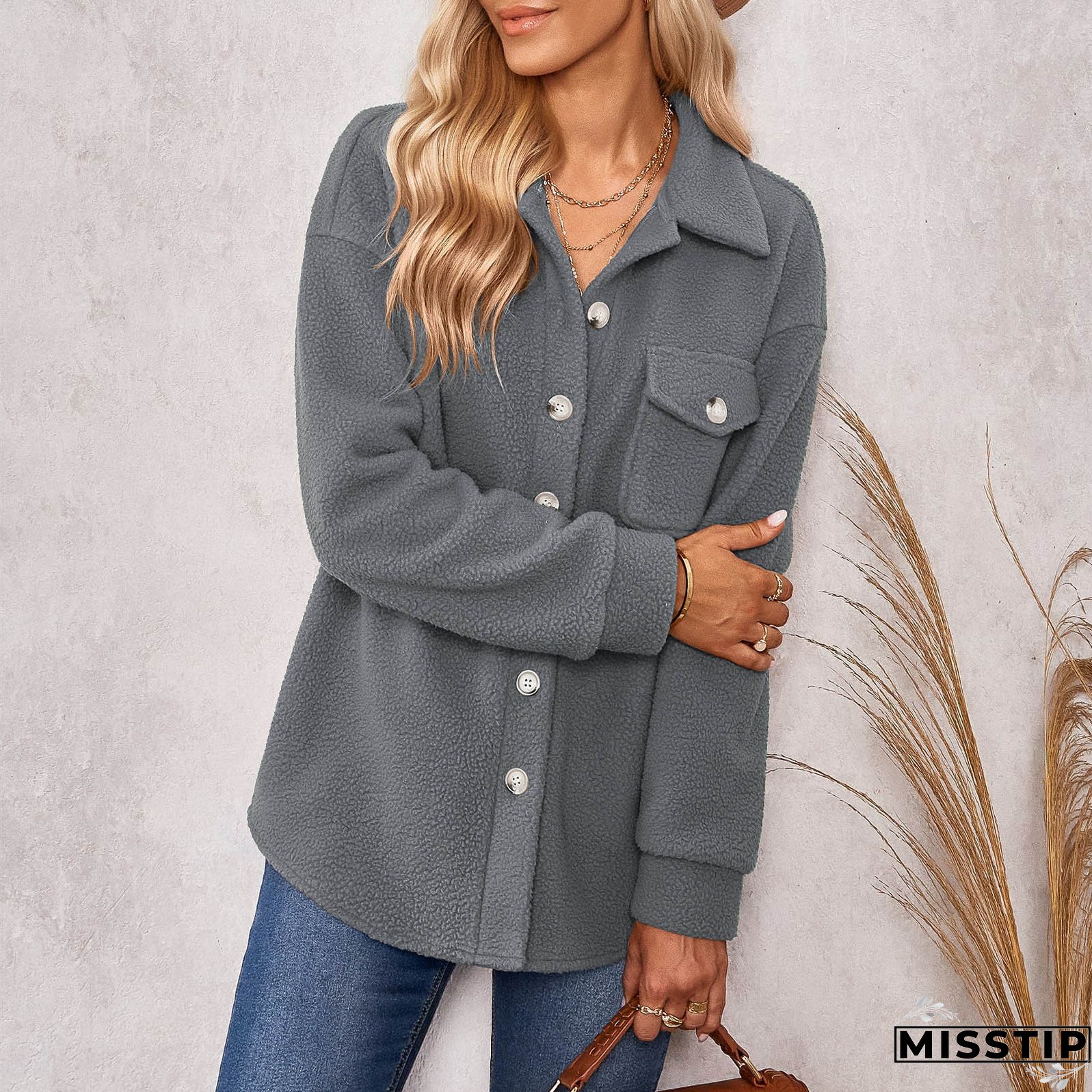 Women Long Sleeve Solid Color Pocket Fashion Casual Button Jacket