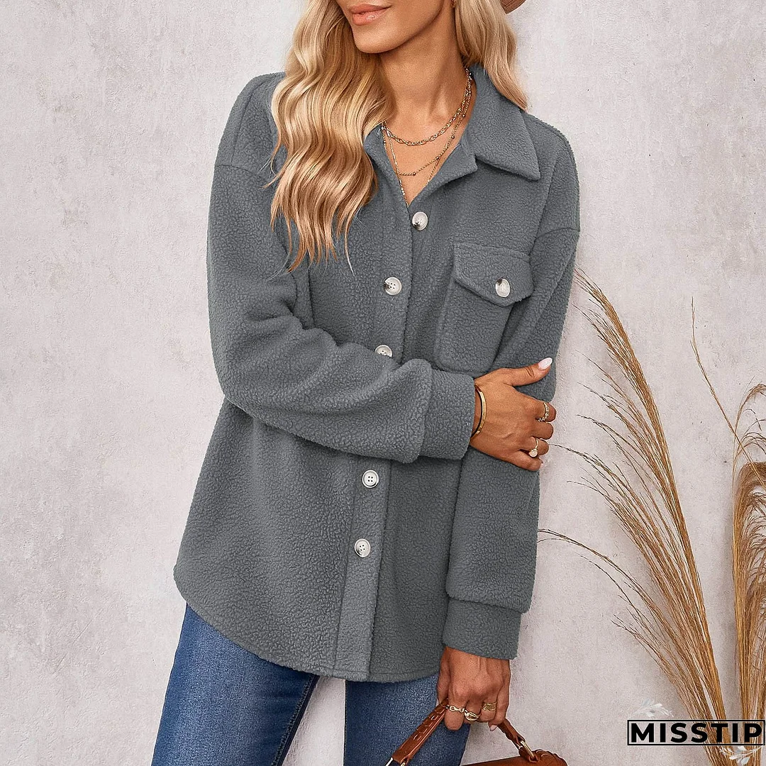 Women Long Sleeve Solid Color Pocket Fashion Casual Button Jacket