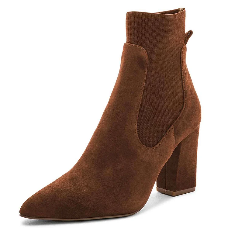 Brown Vegan Suede Chelsea Boots Chunky Heel Ankle Boots |FSJ Shoes