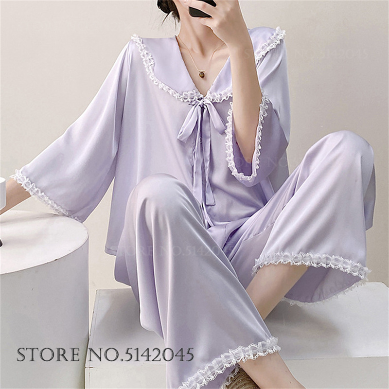 Damokan French Romantic Pajama Set Female Sleepwear Retro Palace Style Pijamas Suit Home Clothing Lingerie Loose Silk Satin Loungewear