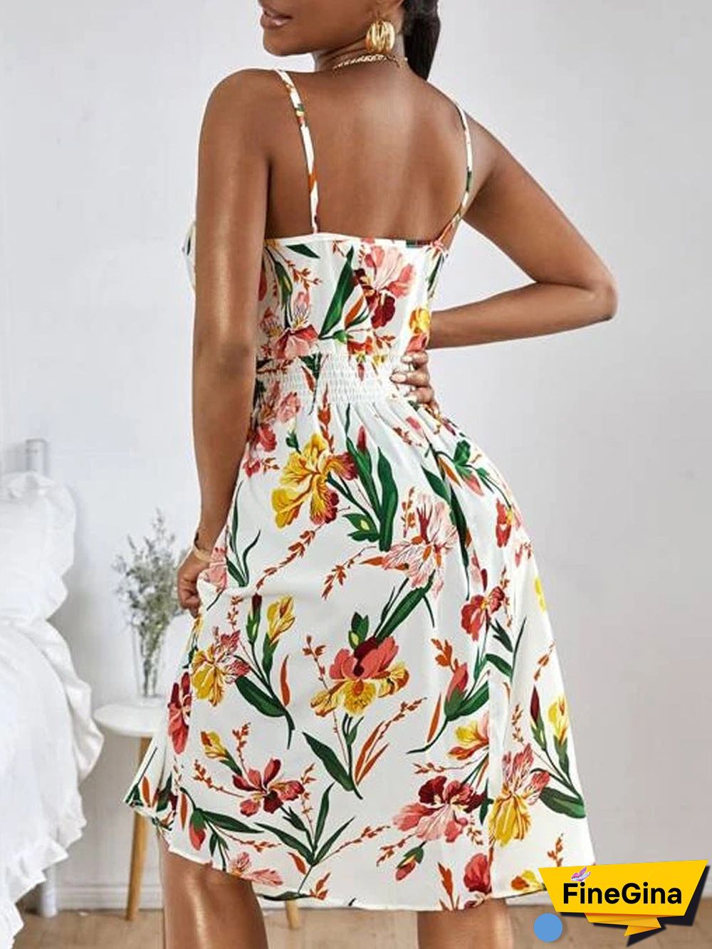 Women'S Dresses Printed Sling Elastic Waist Sleeveless Dress