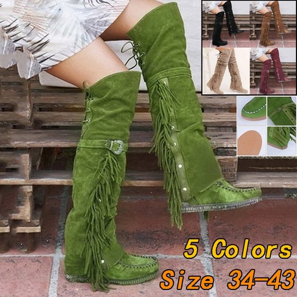Women Faux Suede Tassel Long Boots Ethnic Fringe Boho Flat Heel Knee High Boots - Shop Trendy Women's Clothing | LoverChic