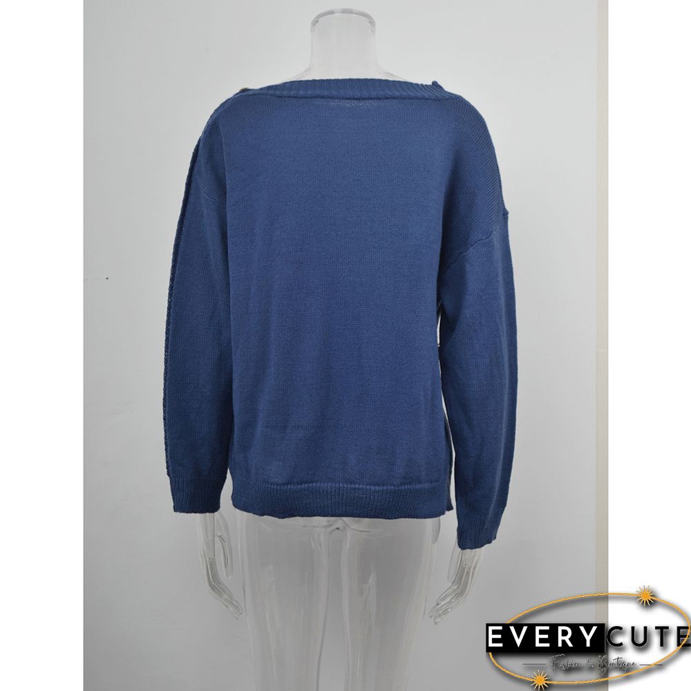 Navy Blue One-side Button Long Sleeve Pullover Sweater