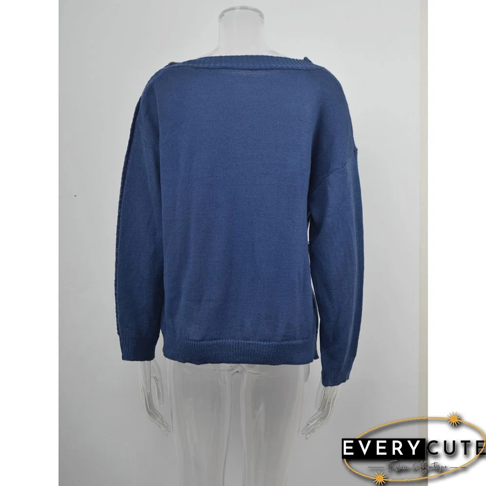 Navy Blue One-side Button Long Sleeve Pullover Sweater
