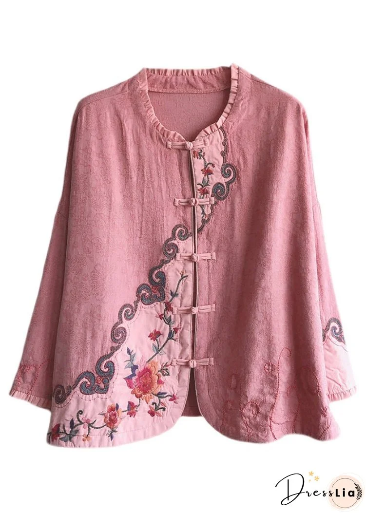Vintage Pink Ruffled Embroideried Chinese Button Cotton Short Coat Spring