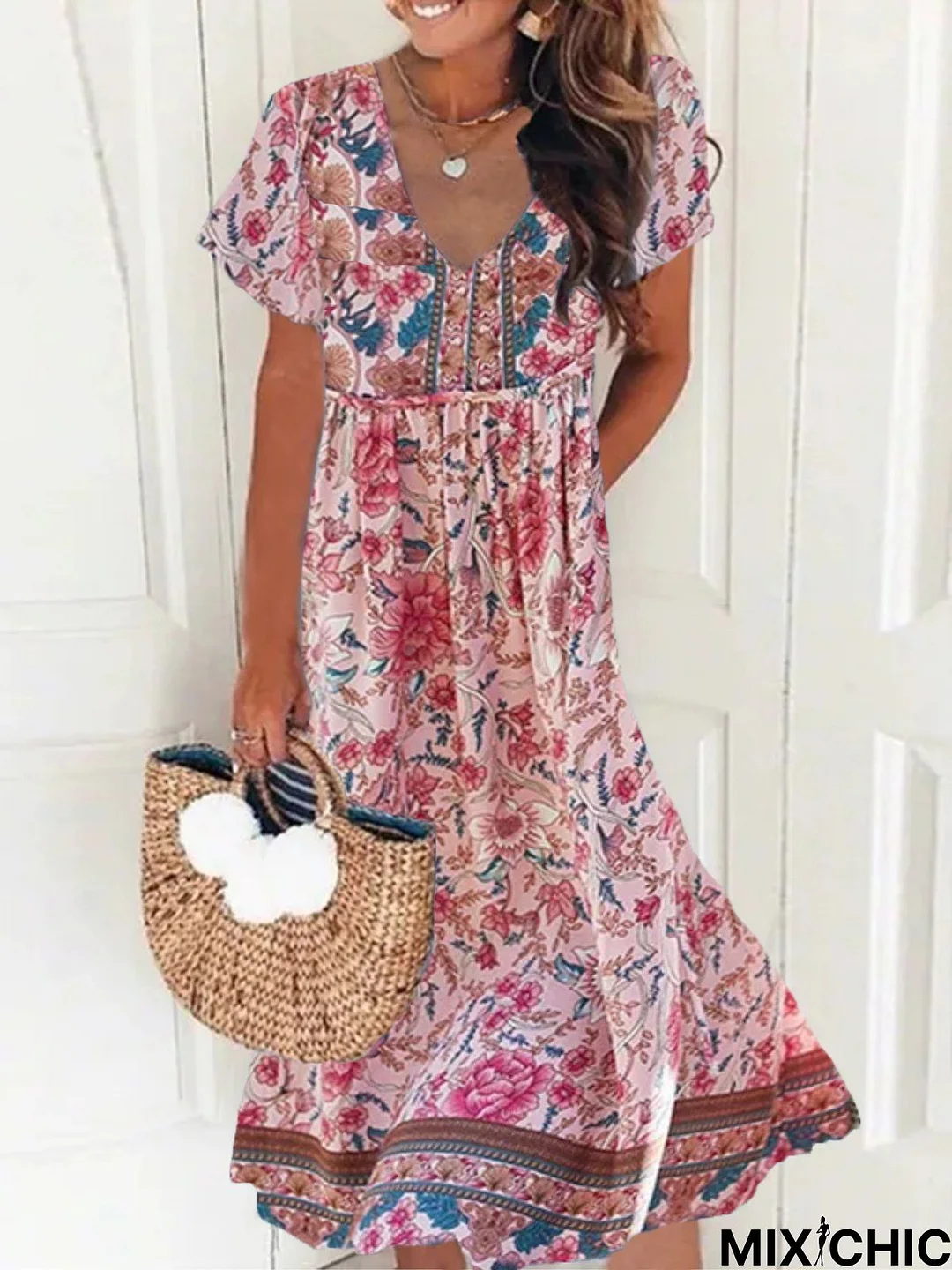 Women's Vacation Casual Floral Short Sleeve V Neck Printed Dress
