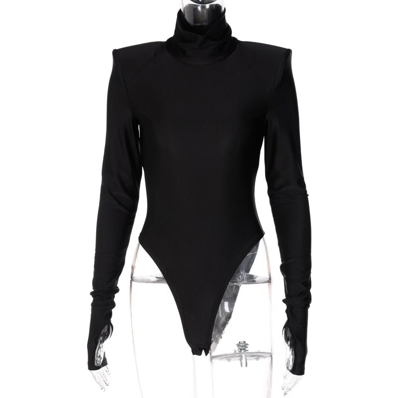 Hugcitar Solid Satin Long Sleeves With Shoulder Pads Turtleneck Slim Bodycon Sexy Bodysuit 2021 Fall Winter Women Party Y2K