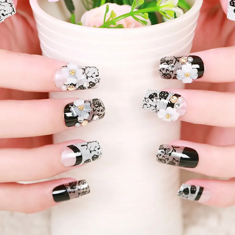 Free shipping items 24pcs fake nails Adhesive glue Nude crystal pearl decoration Carving Flowers finger Nail tips For Wedding-Nail Inspo