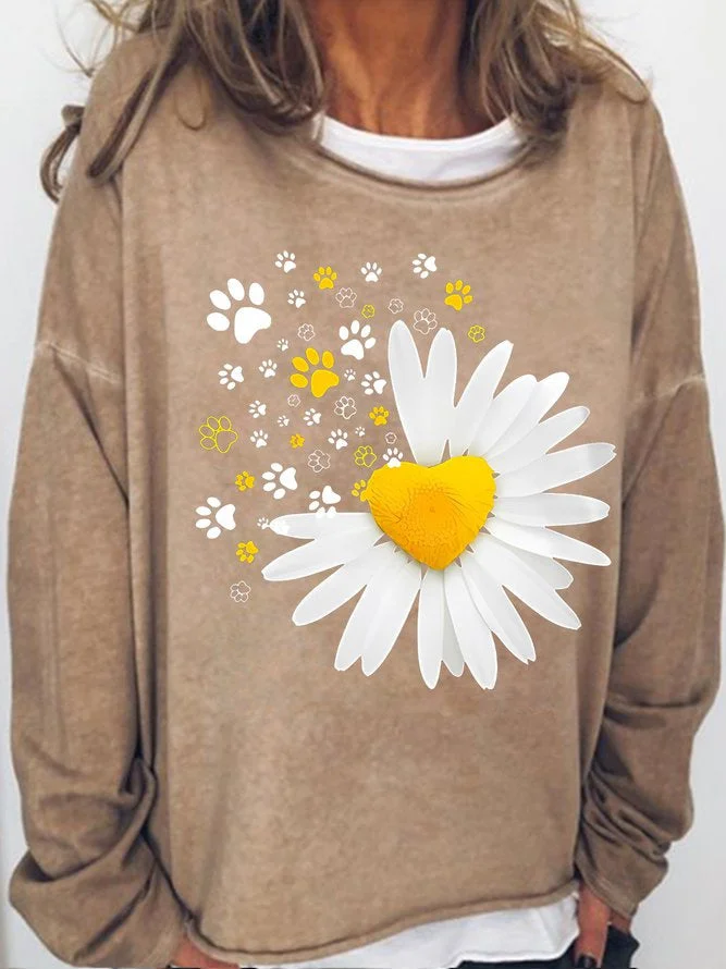 Long Sleeve Crew Neck Sunflower Paw Printed Casual Sweatshirt