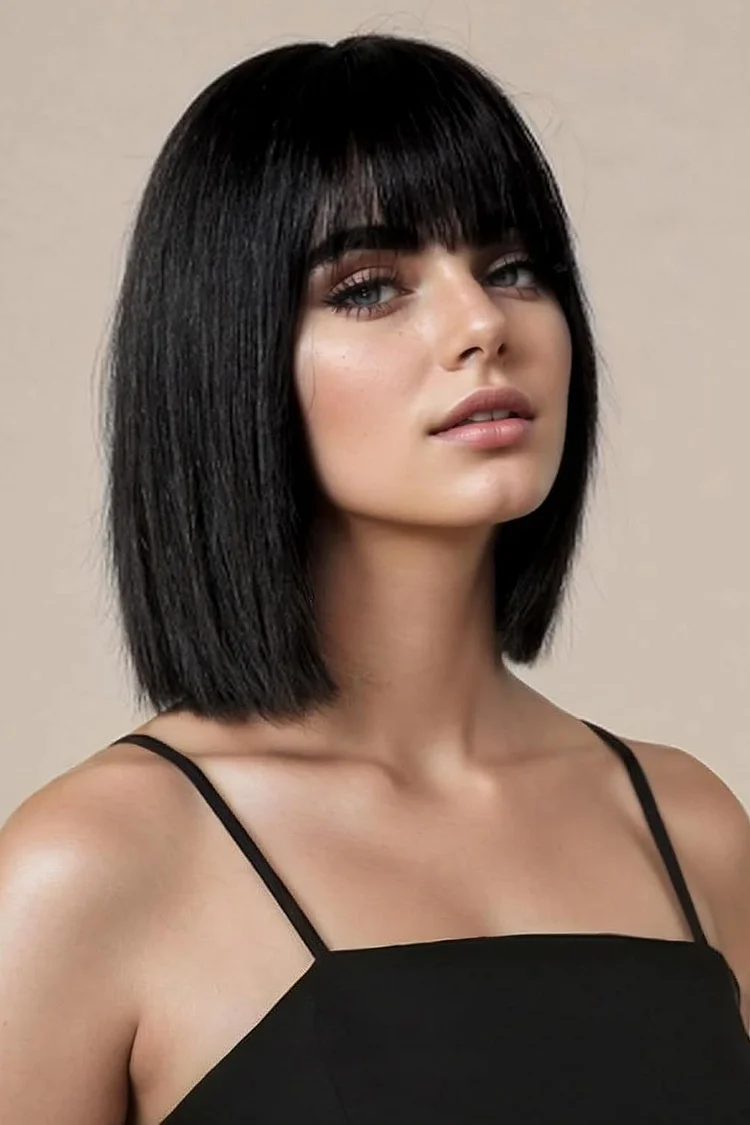 Daily Black Mid-Length Blunt Bangs Straight Bob Wigs 2024 - Xpluswear