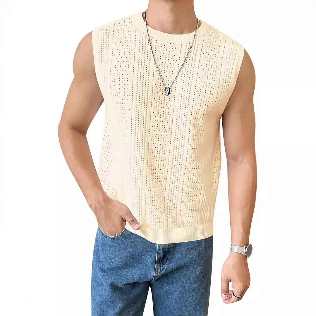 Wongn Wongn Men's New Solid Color Sweater Fashion Men's Sleeveless Jacket Hollow Out Breathable Round Collar Recreational Vest