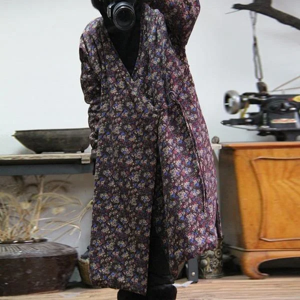 Vintage Cotton Parkas Coats 2020 Spring New Loose Simple Print Color Belt Warm Cotton V-neck Long Coats
