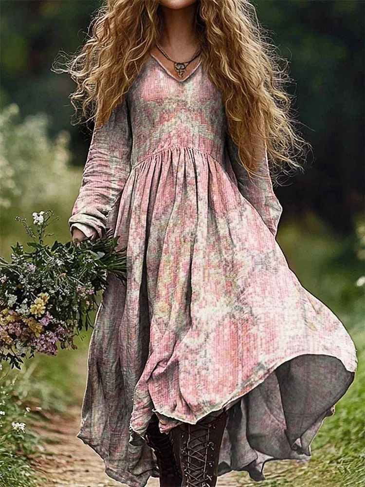 Women's National Floral Art Print Casual V-Neck Pocket Cotton Dress