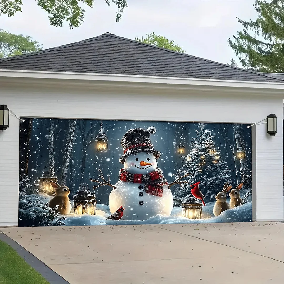 Garage Door Banner Decoration - Snowman and Forest Companions in a Lantern Lit Winter Scene