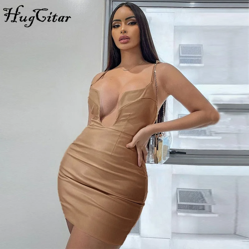 Hugcitar Pu Leather Sleeveless Backless Deep V Neck Slip Sexy Maxi Dress 2021 Autumn Winter Women  Outfits Party Club Y2K