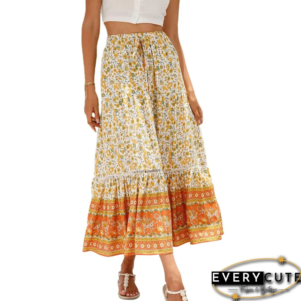 Orange Floral Print Rayon Boho Maxi Skirt