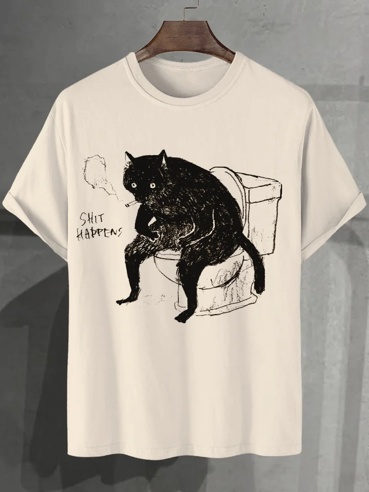 <💯Cotton>Men's Smoking Black Cat Toilet Art Print Cotton Casual T-Shirt