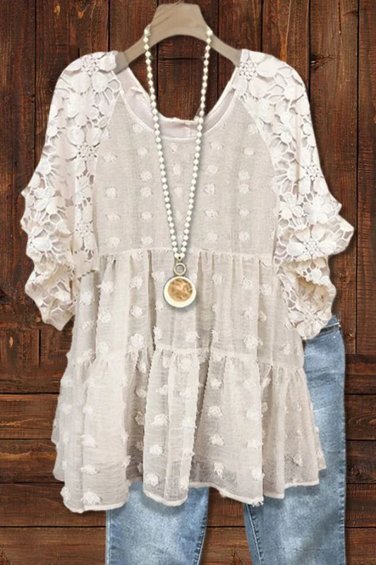 Dot Jacquard Lace Chiffon T-shirt with lotus sleevesTextured Panel Pleated Lace Sleeve Top