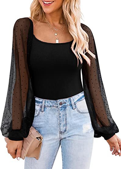 Summer Women's Sexy Chiffon Solid Slim Fit Mesh Puff Sleeve Shirts