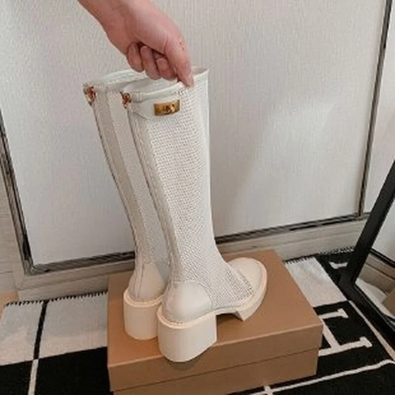 Qengg Women Summer Net Boots Net Red Hollow Long Cool Boots Breathable Solid Color Comfortable Round Toe Women's Shoes