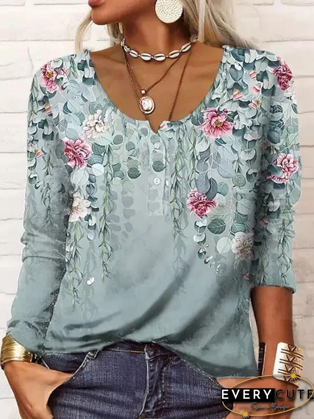 Women's Scoop Neck Long Sleeve Floral Printed Tops