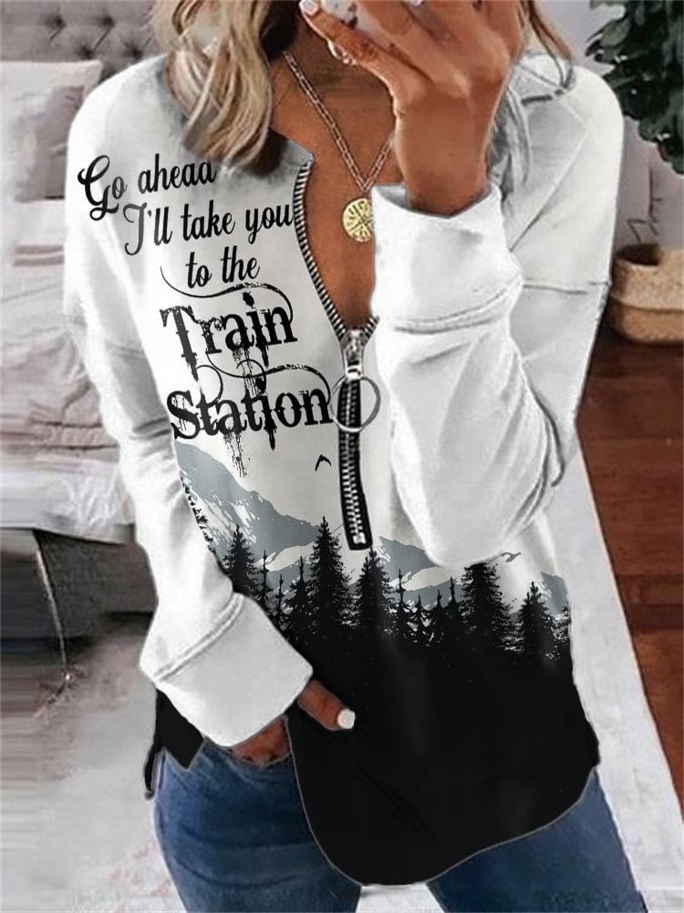 Western Train Station Scenery Print Zip Sweatshirt