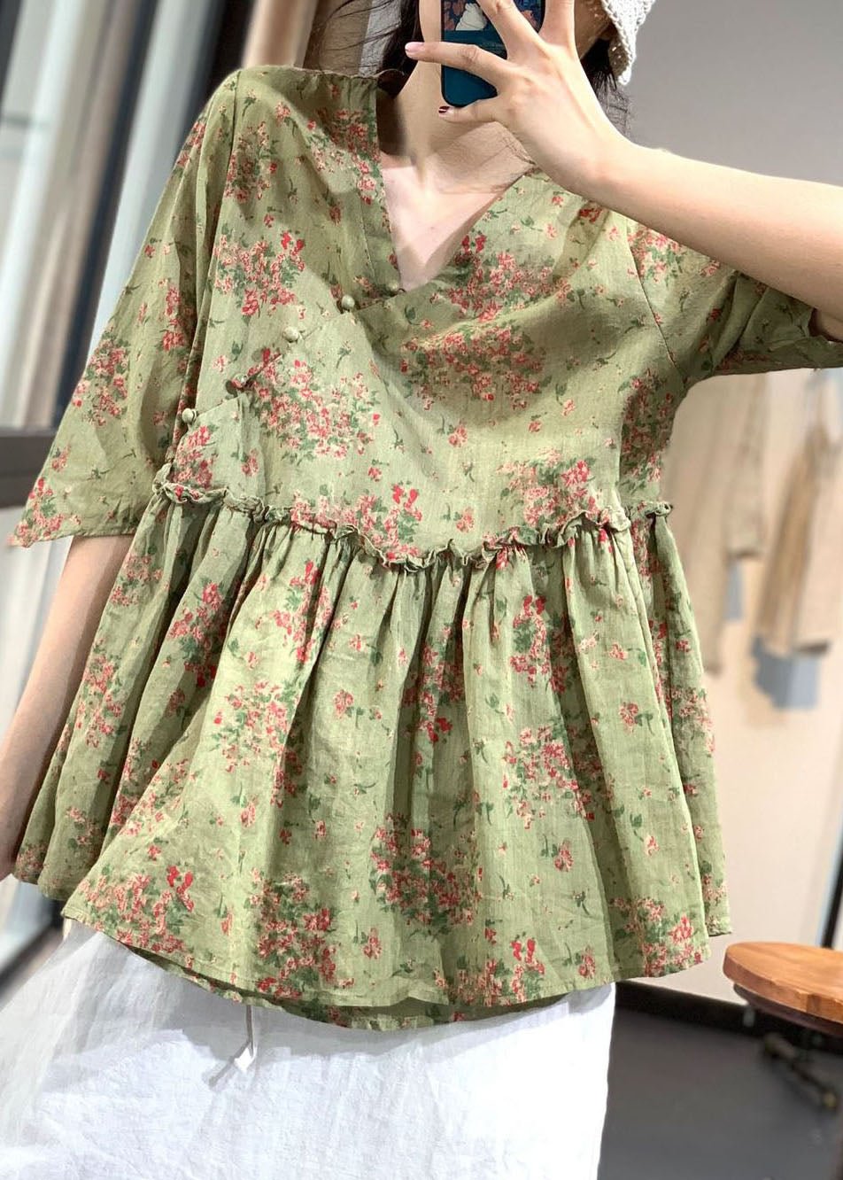 Chinese Style Green V Neck Button Ruffled Print Cotton Linen Tops Half Sleeve CK971- Fabulory