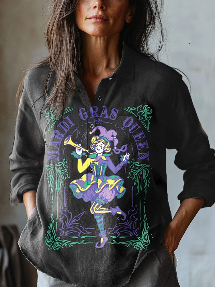 Women's   Mardi Gras  Art Print Casual Cotton And Linen Shirt