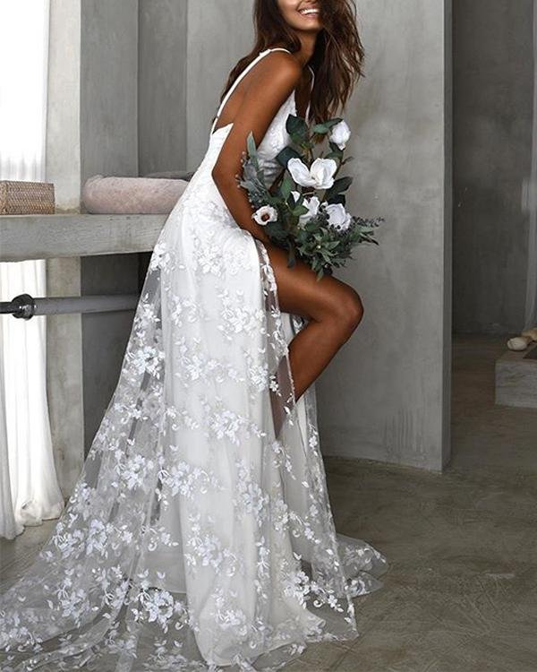 Fashion Spaghetti Strap Floral Lace Slit Cami Dress