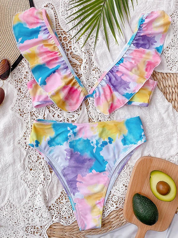 Tie-Dyed Gradient Lotus Leaf Collar Split Bikini Swimsuit