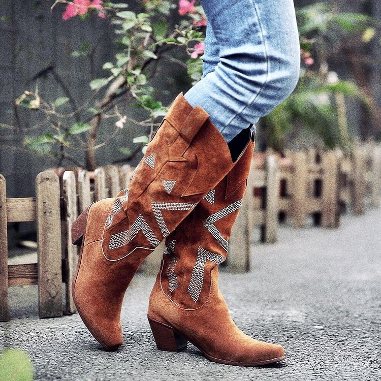 Women Plus Size Fashion Wide Calf Chunky Heel Cowboy Boots -boots