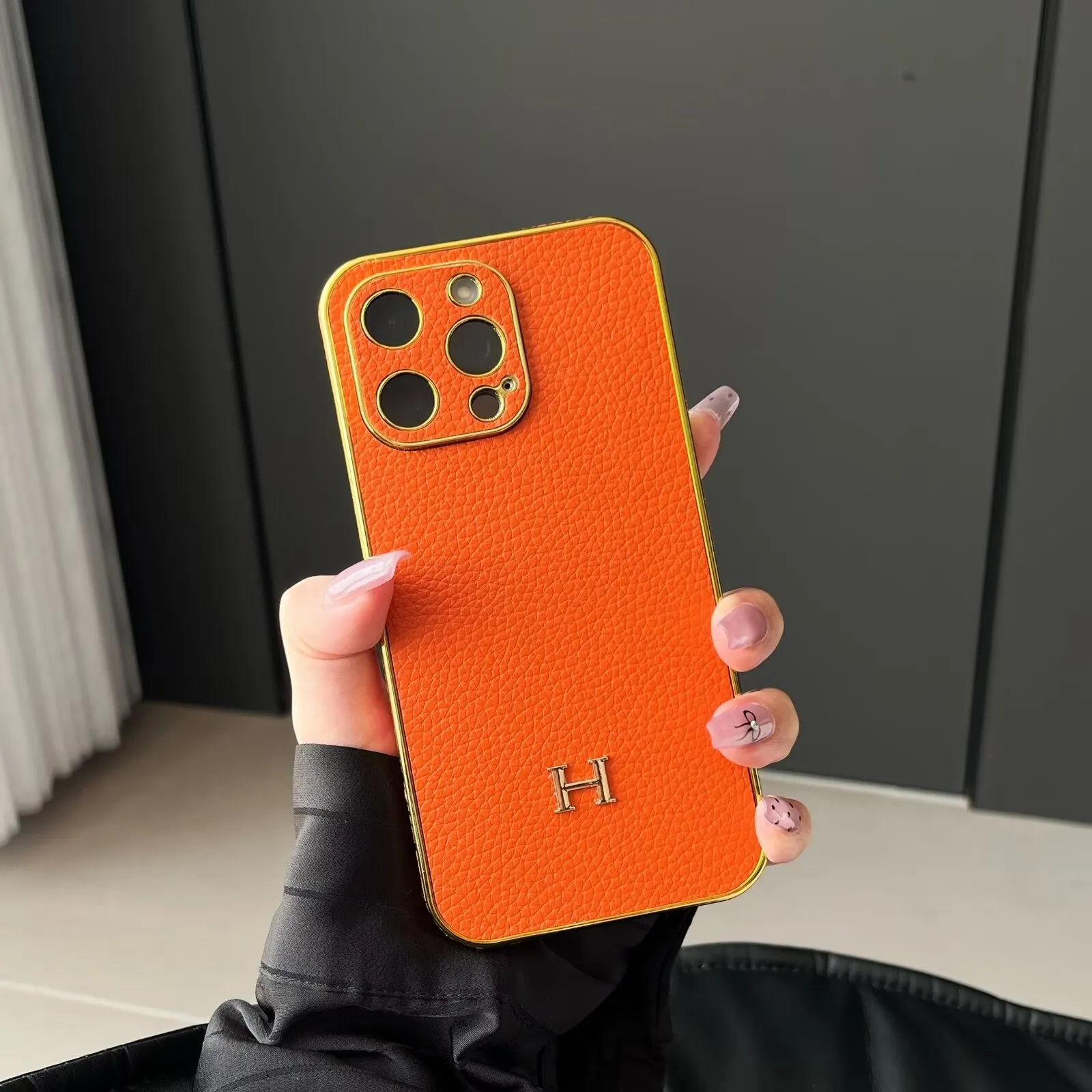 Luxury Hermes Genuine Leather Electroplating Elegant Apple iPhone Case