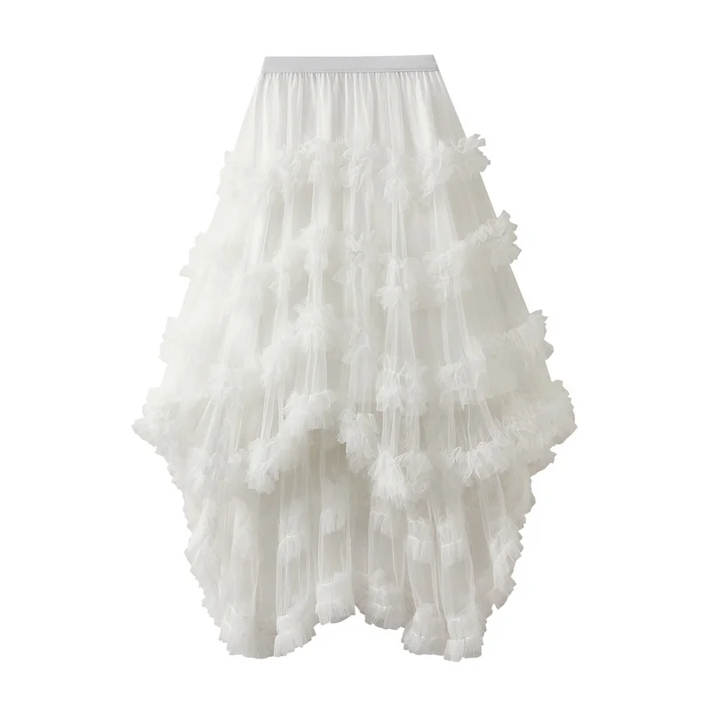 Nigikala Nigikala Skirt Candy Loose Waist Fairy Net Yarn Skirt Fluffy Irregular Lotus Leaf Side Cake Skirt 1376
