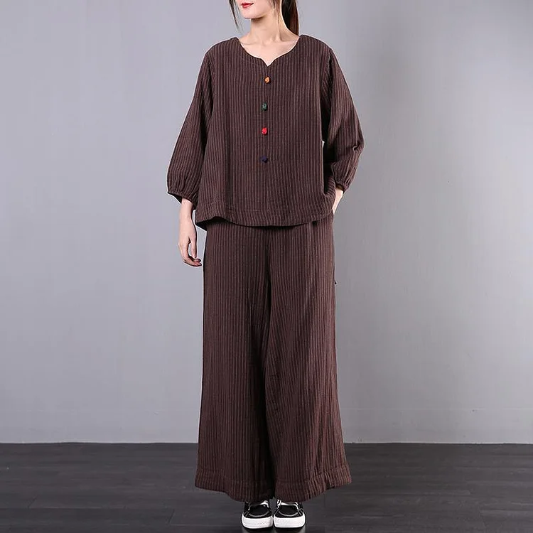 Women's early 2020 new large size chocolate striped cotton and linen was thin wide-leg pants two-piec