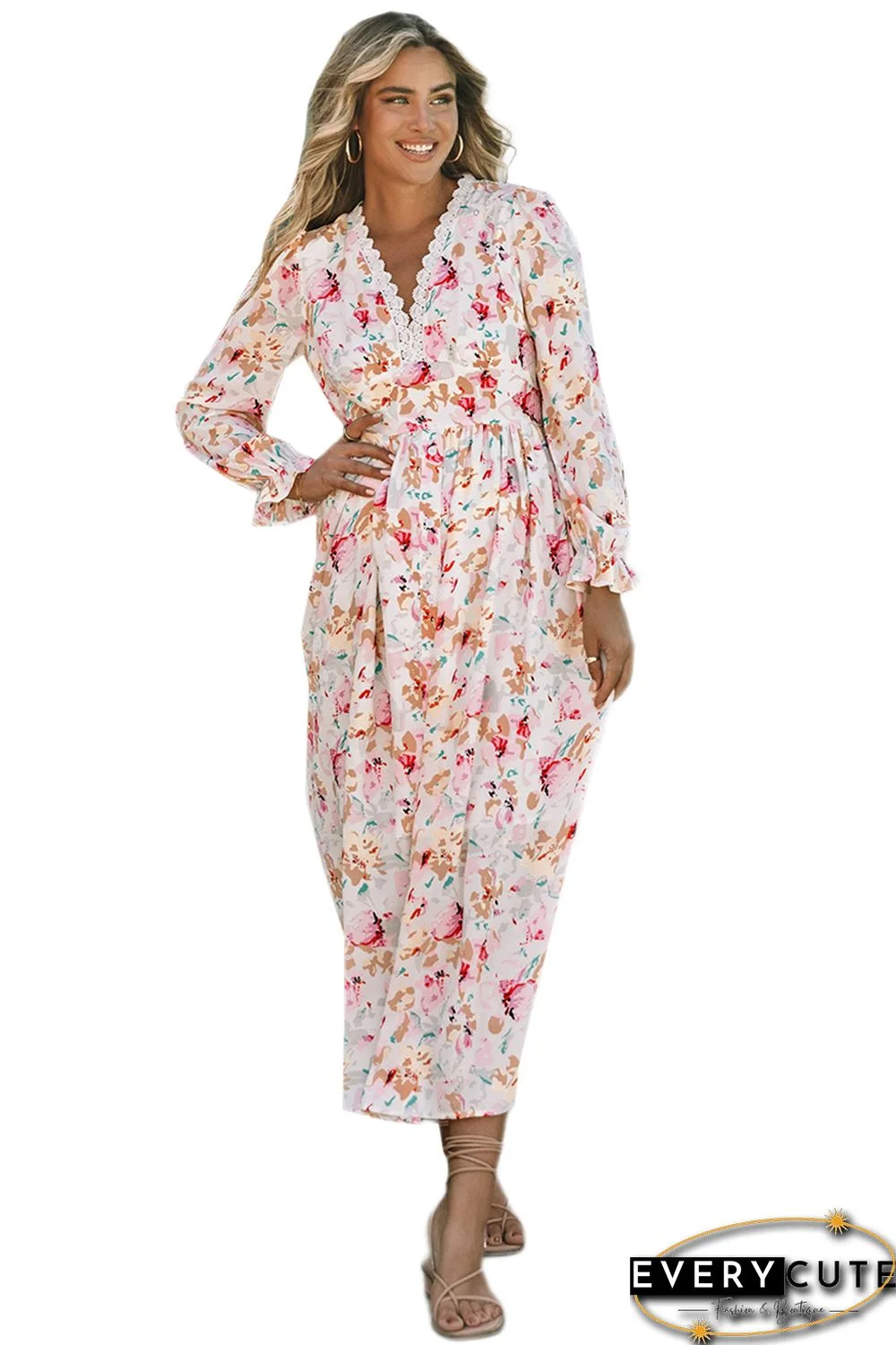 Pink Lace Patchwork Cut Out Back Floral Maxi Dress