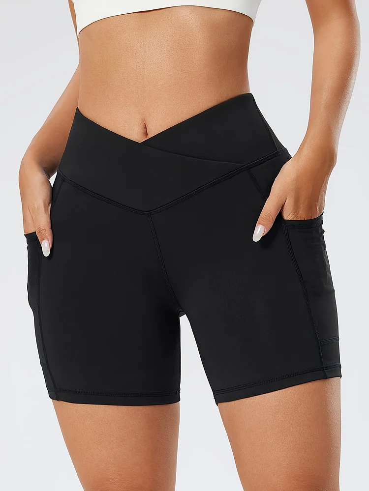 5pcs Women's High-Waisted Workout Shorts With Phone Pocket - Breathable Yoga Cycling Shorts, 5 Colors Black, Pink, Blue, Purple, White) - Medium Stretch Fabric, Spring Summer Fall Fitness Shorts, Yoga Shorts, Sleek Sporty Design, Comfortable Fit