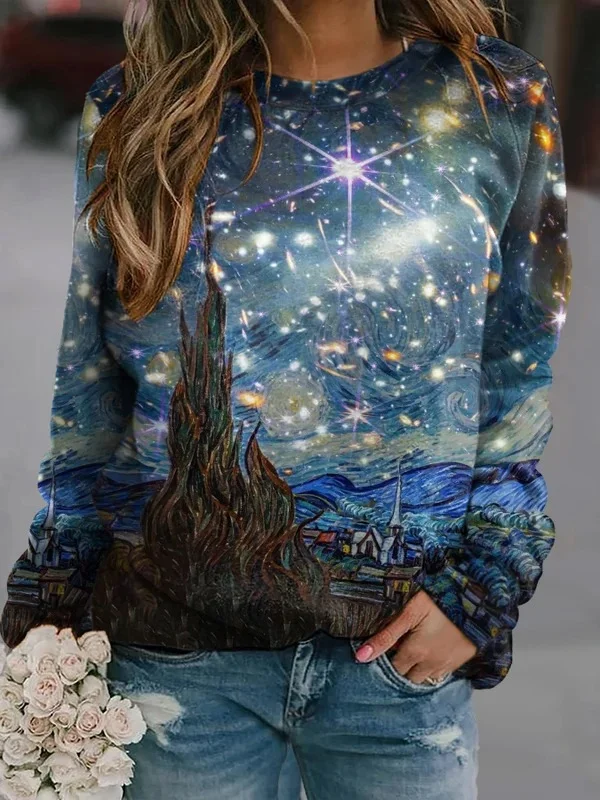 Casual Crew Neck Starry Night & JWST Image Star Print T-Shirt