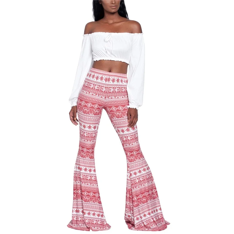 Women Pants New Baggy Flared Pants Boho Style Floral Hippie Wide Leg Gypsy Palazzo Casual Trousers Ladies Bell-bottomed Trousers