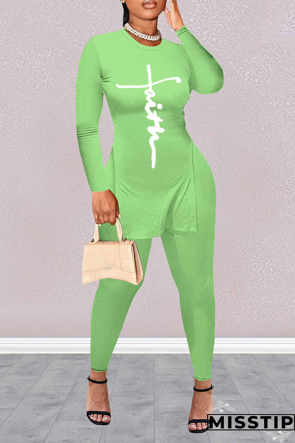 Green Casual Print Patchwork O Neck Long Sleeve Two Pieces