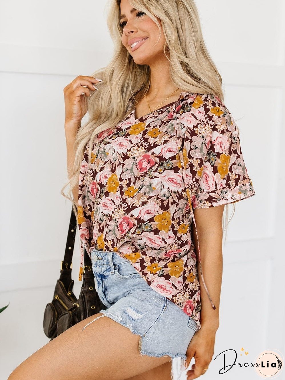 Short Sleeve Floral Blouse with Bubble Hem