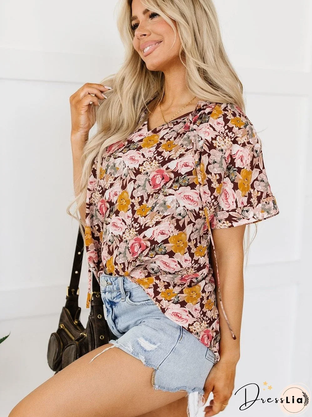 Short Sleeve Floral Blouse with Bubble Hem