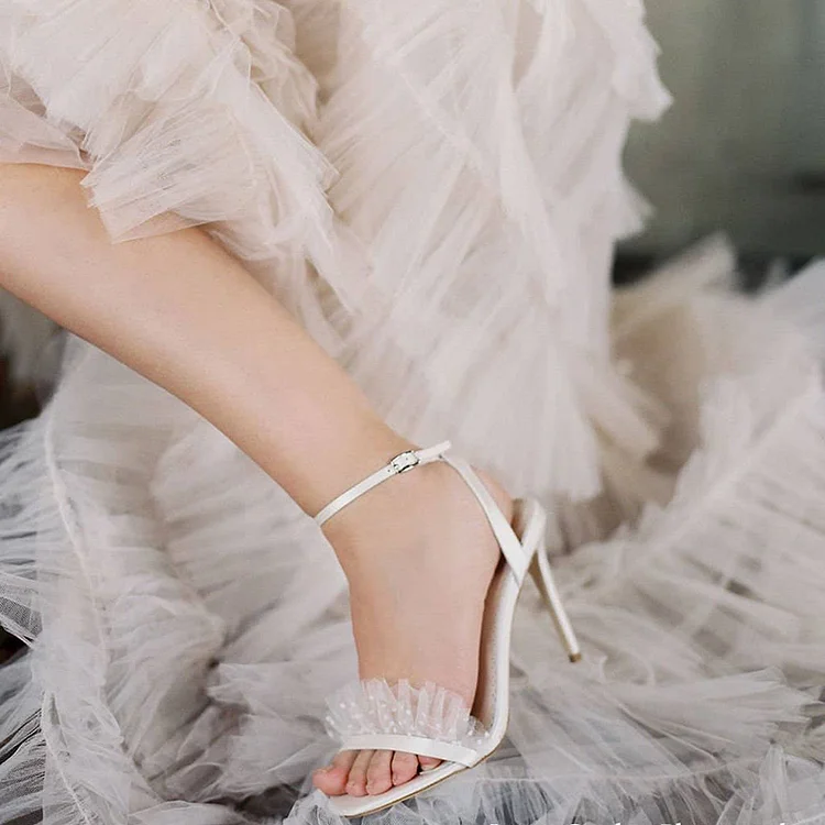 Ivory Square Toe Wedding Sandals Women's Ankle Strap Bridal Heels |FSJ Shoes
