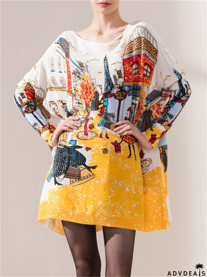 Autumn Winter  Large Size Knitting Pullover Printed Graffiti Women's Dresses