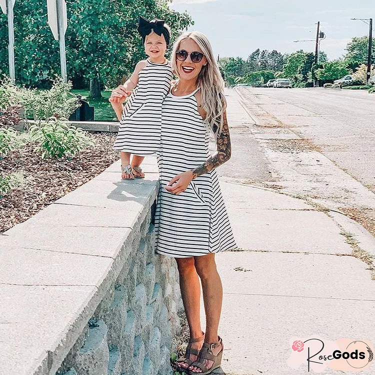 Mommy and Me Stripes White Casual H Matching Dresses